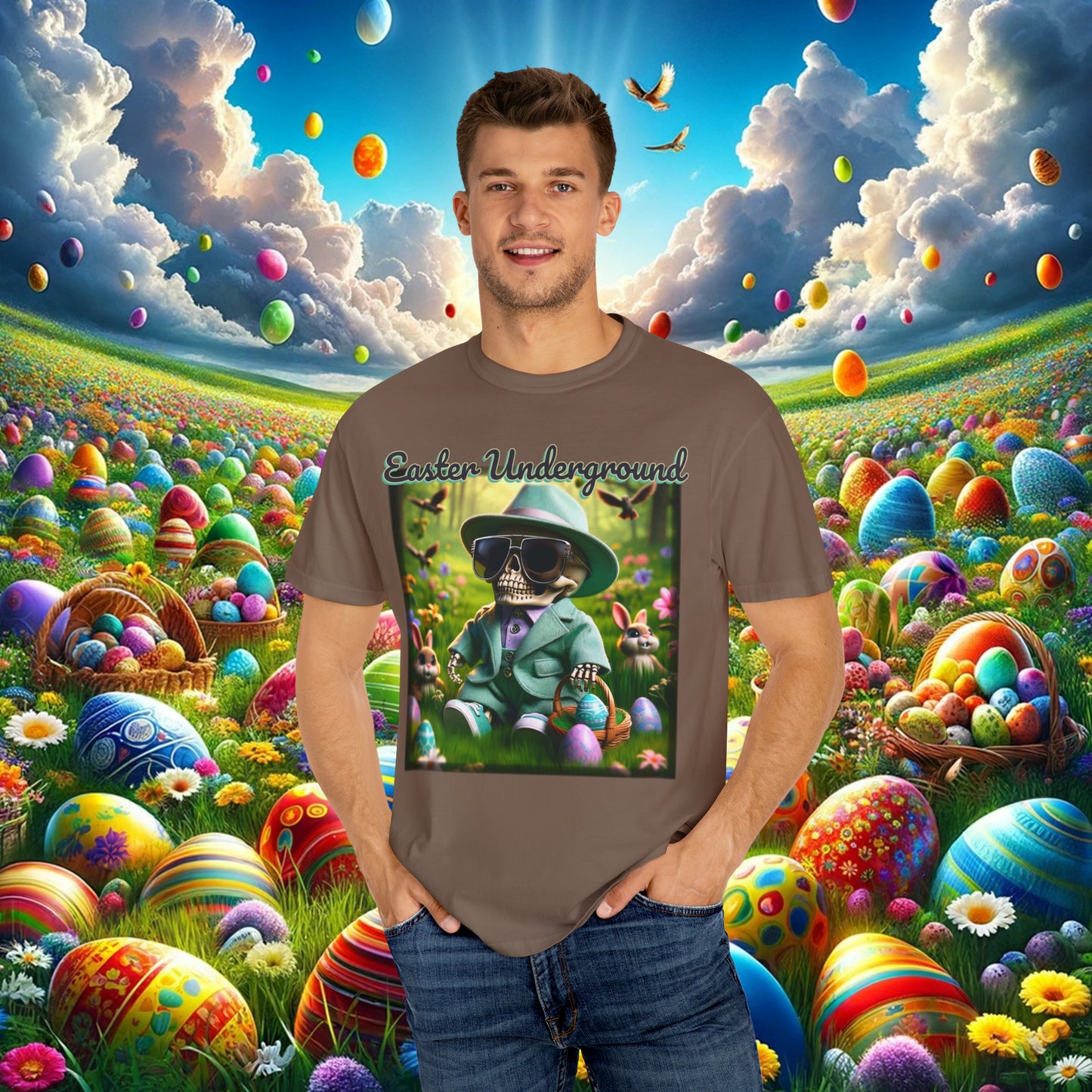 Elegant Bones: Easter Elegance Baby Skeleton - Unisex Garment-Dyed T-shirt