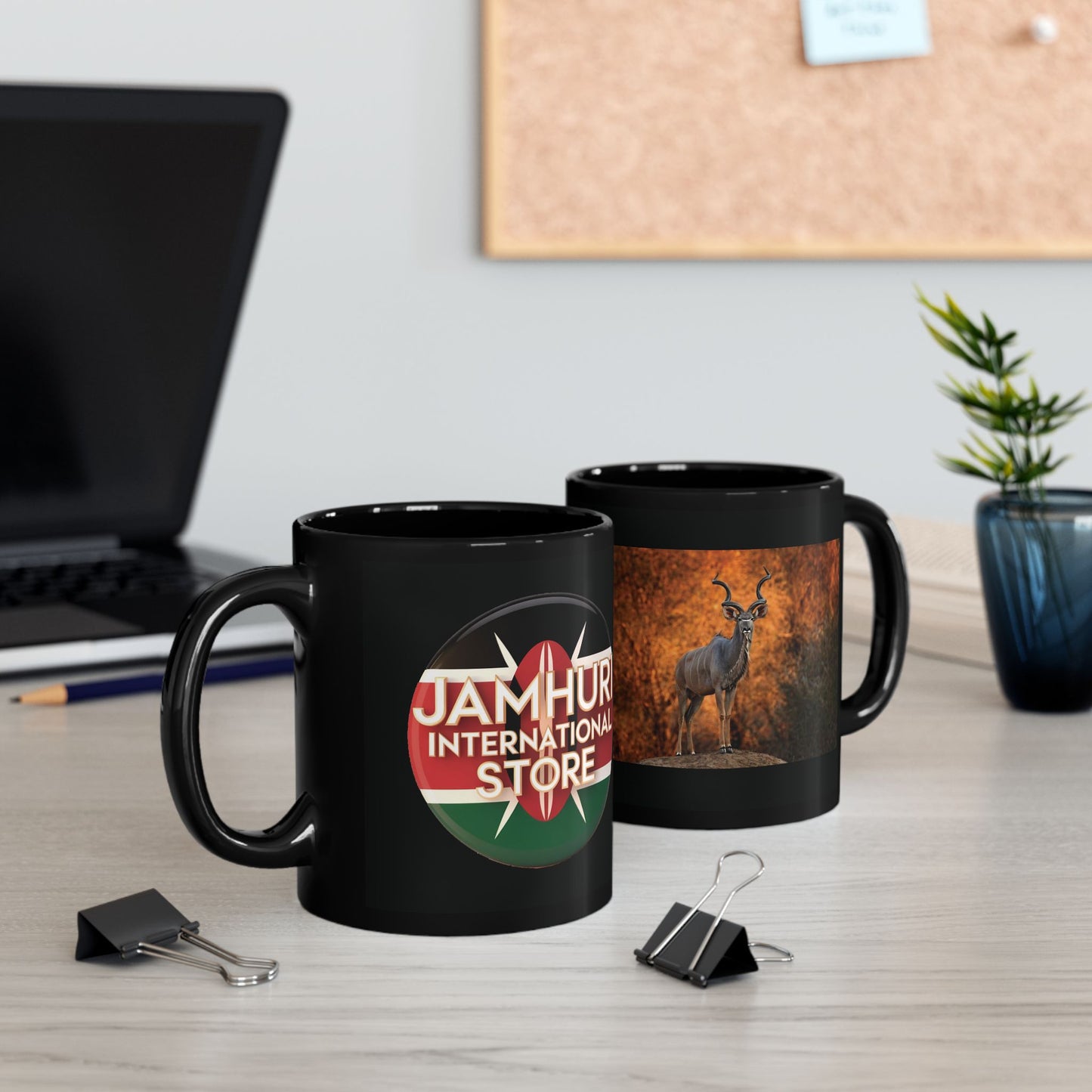 Nature-Inspired Black Mug with Kudu Design | Stylish Coffee Cup for Wildlife Lovers, Gift for Animal Enthusiasts, Unique Home